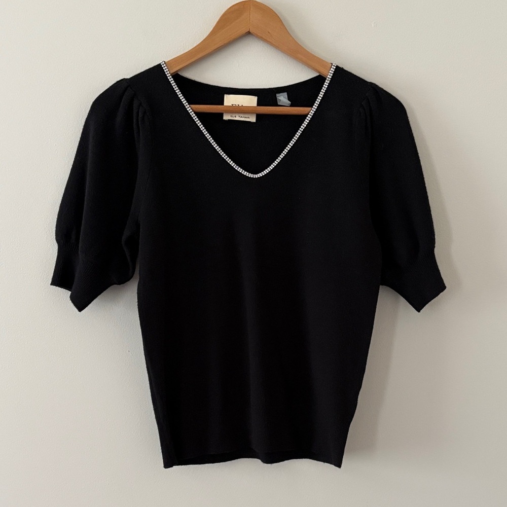 Elie Tahari Rhinestone Edged V‎ Neck Sweater Pleated Puff Short Sleeve Black S